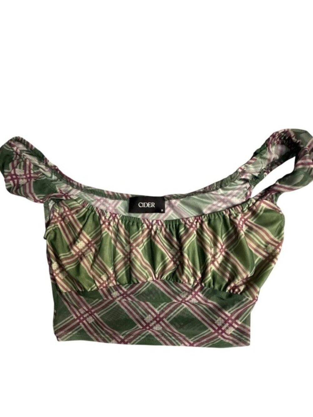Green Pink Plaid Ruched Crop Top Cap Sleeve Mesh Stretch Small